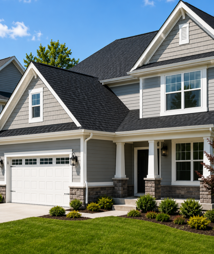 Modern suburban home with manicured lawn