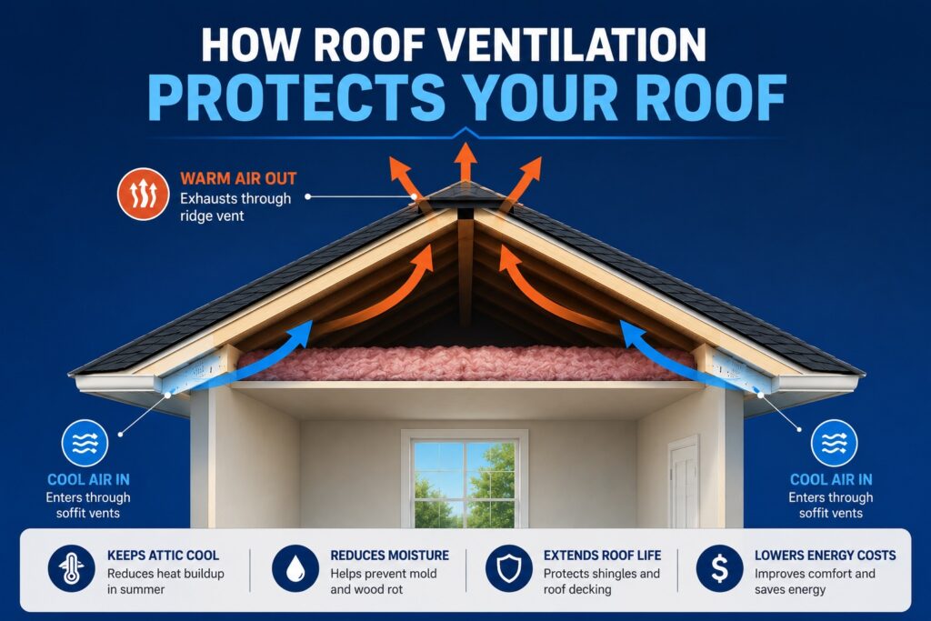 How roof ventilation works: cool air enters at the soffits and warm air exits at the ridge